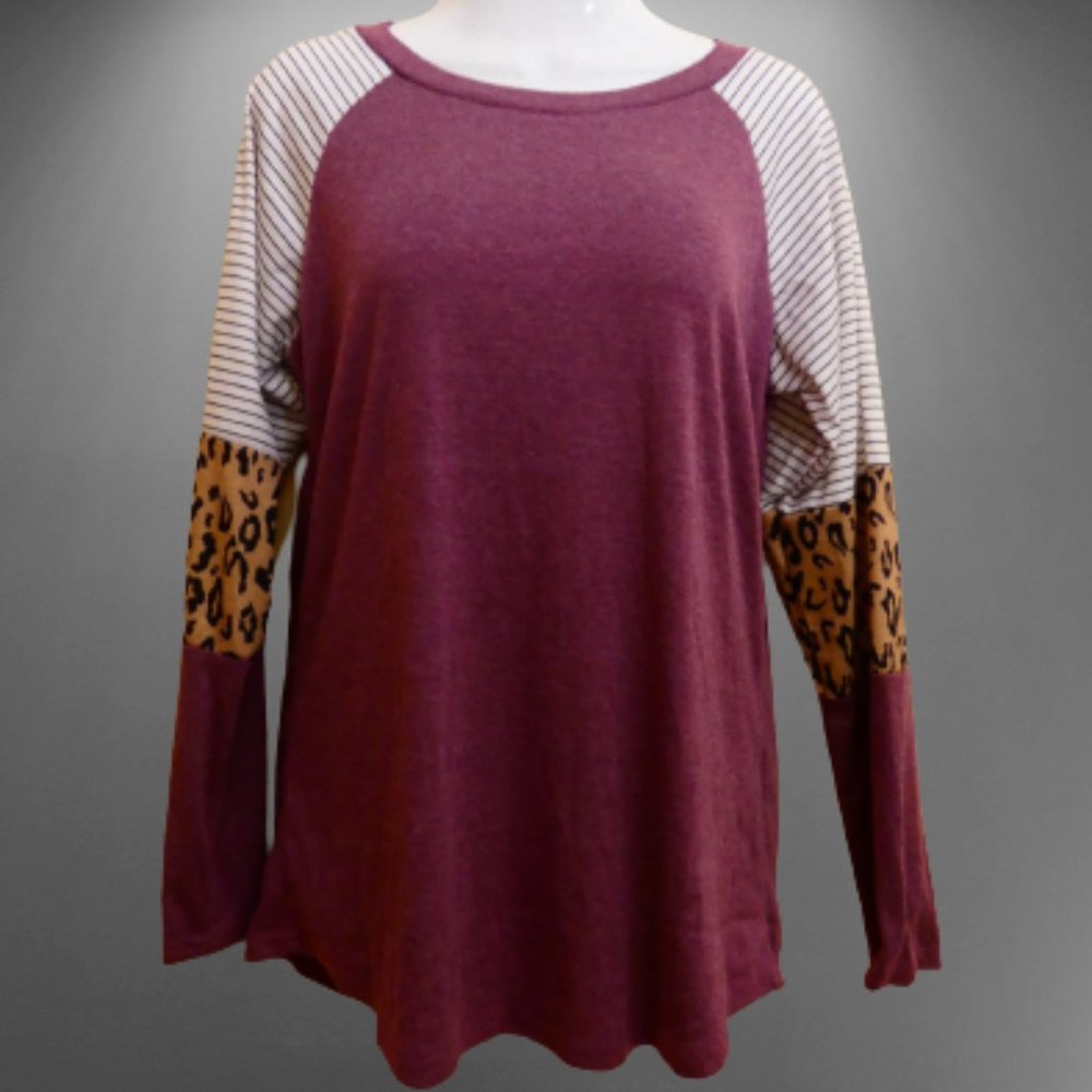 Long Sleeve Tee Size M Burgundy, Leopard Print, White, Striped
